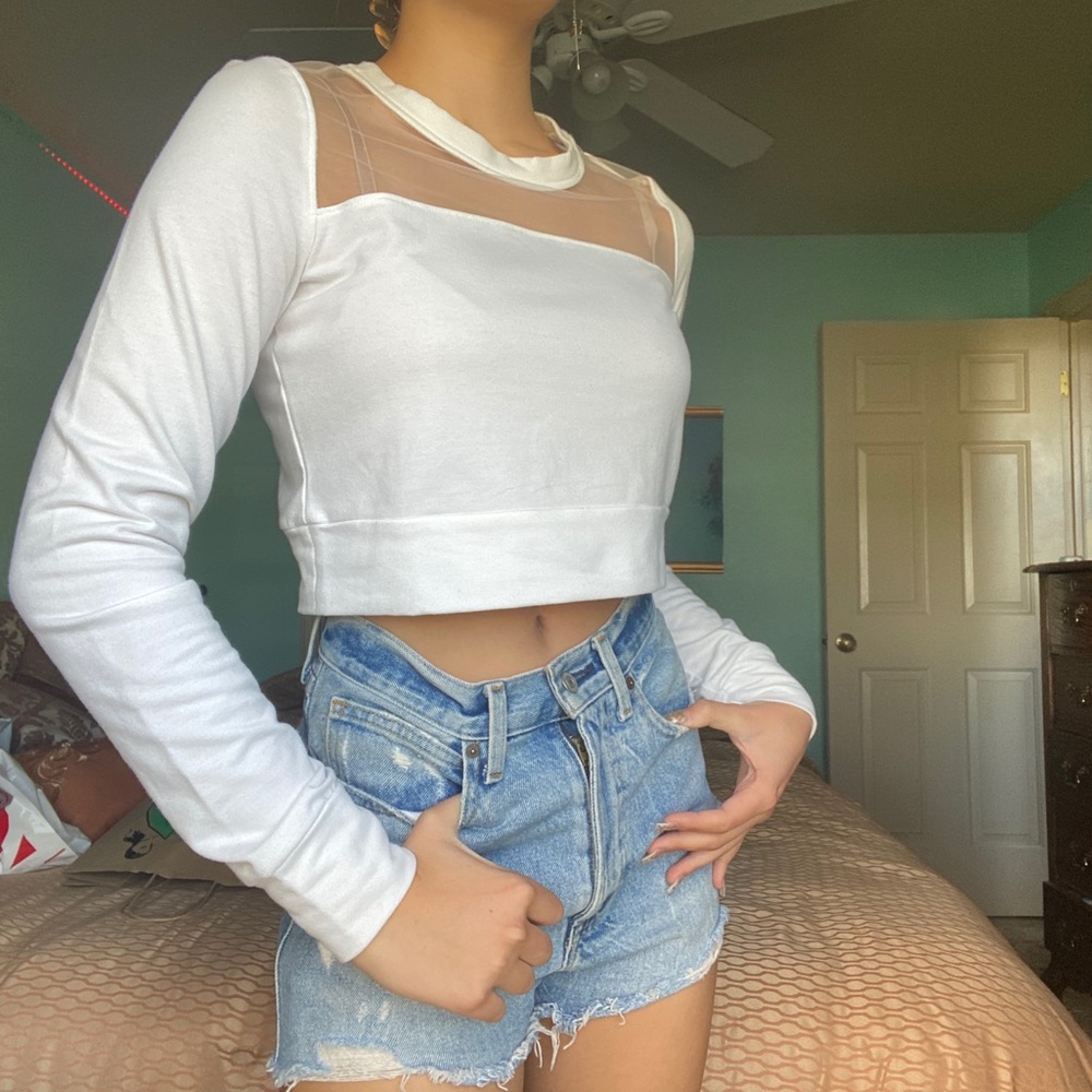 Cute long sleeve white mesh detailing top